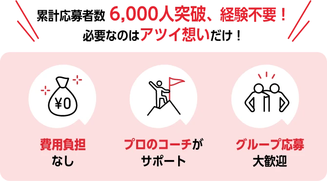 累計応募者数 6,000人突破、経験不要！ 必要なのはアツイ想いだけ！